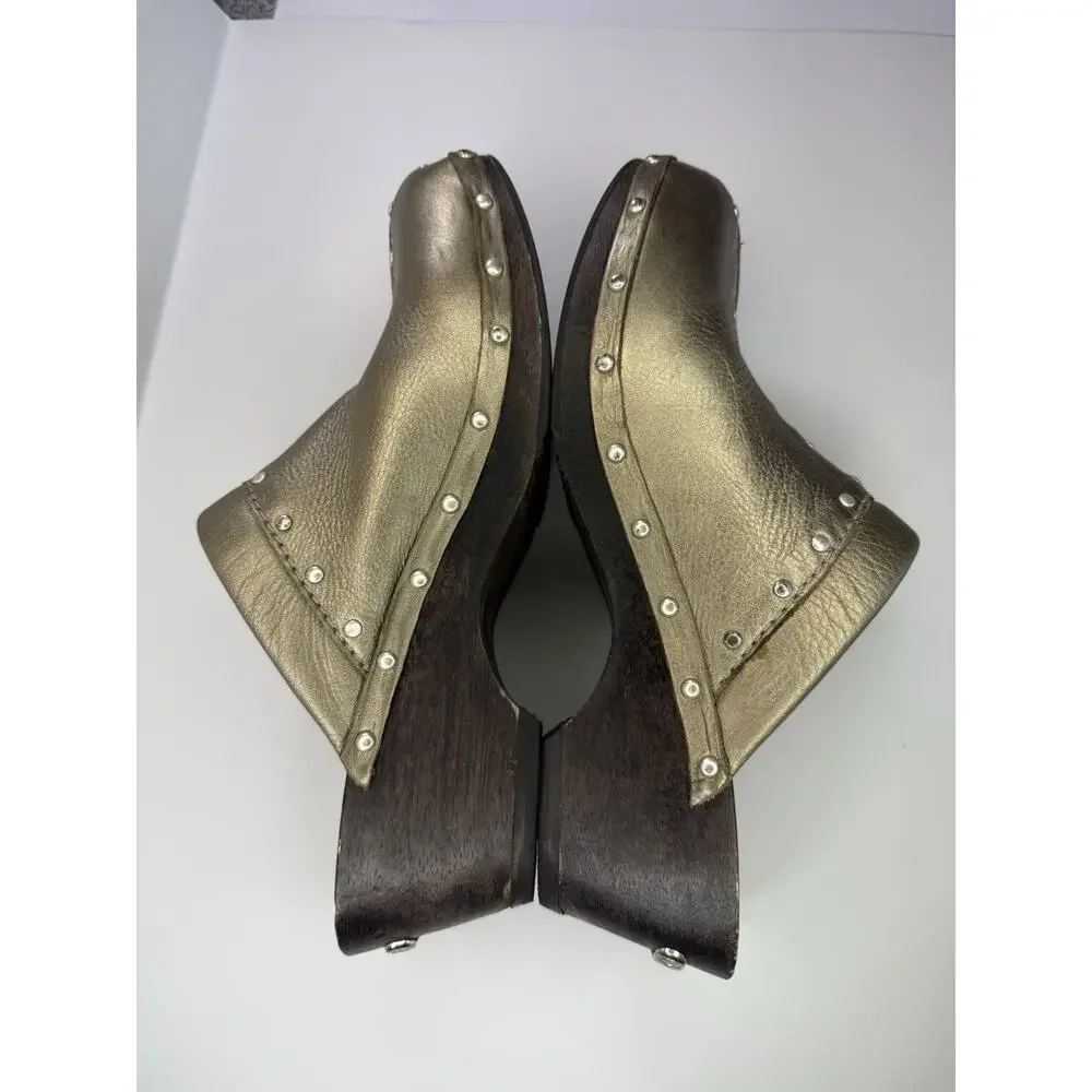 Michael Kors Gold Studded Leather Mule Wedge Heels Closed Toe Slip On 8 M
